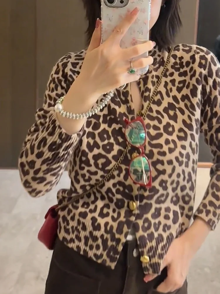 

Retro Leopard Print Knitted Open Cardigan Autumn New Sle plus Size Ele Versatile Slimming Top Quali Camere Women's ...