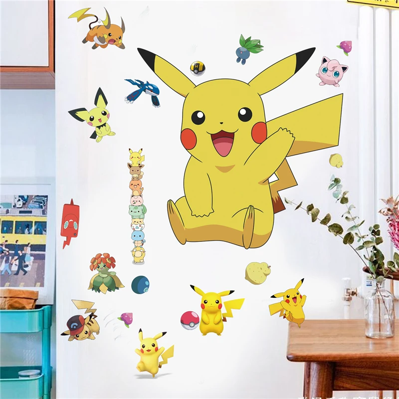 Cartoon Pikachu Wall Stickers For Kid\'s Rooms Kindergarten Living Room Bedroom PVC Wall Decoration Animated Poster Bedroom Decor