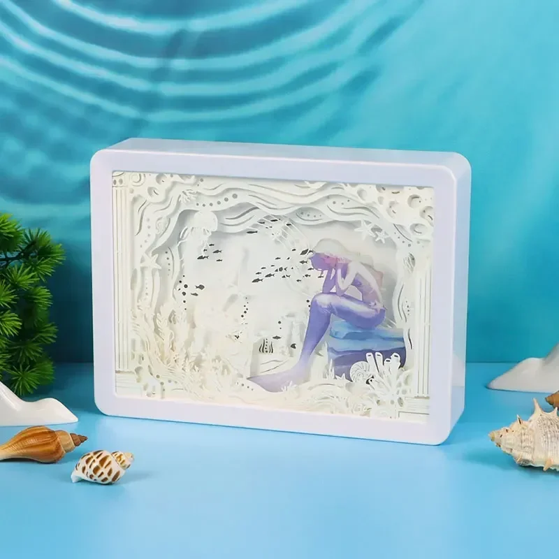 3D Paper Carving Lamp Mermaid Undersea Music LED Night Lights ABS Frame Shadow Light Box LED Desk Lamp Birthday Gift For Girls