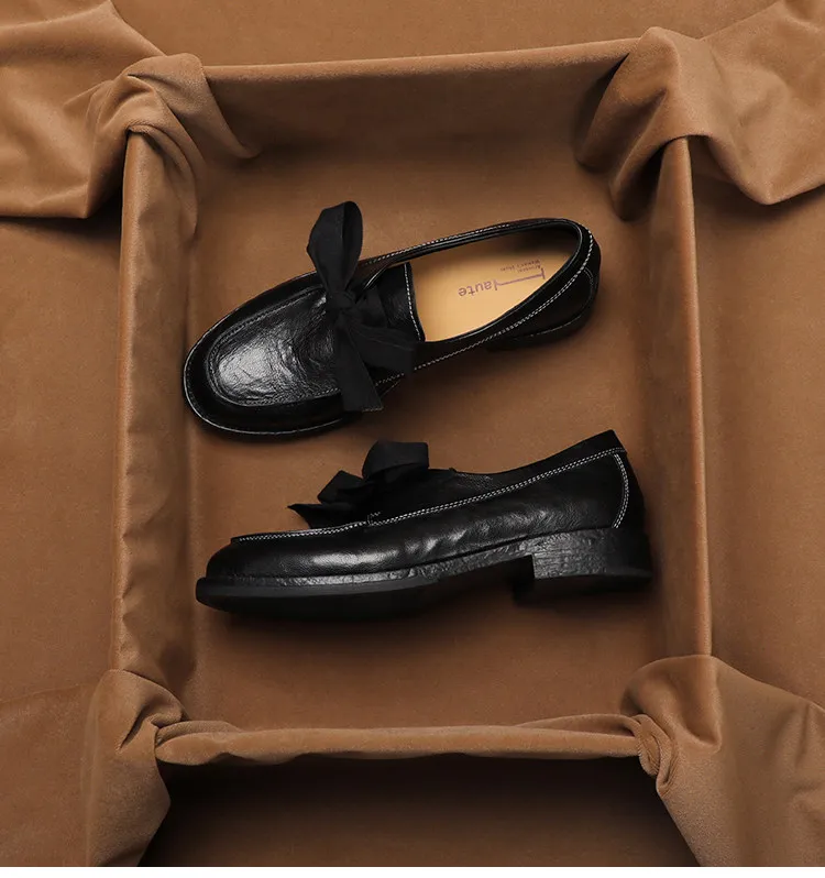 SHOEBOX ‌Vintage British-Style Loafers for Women Spring Arrival, Fashionable Chunky Low Heel Flat Shoes with Bow Detail‌