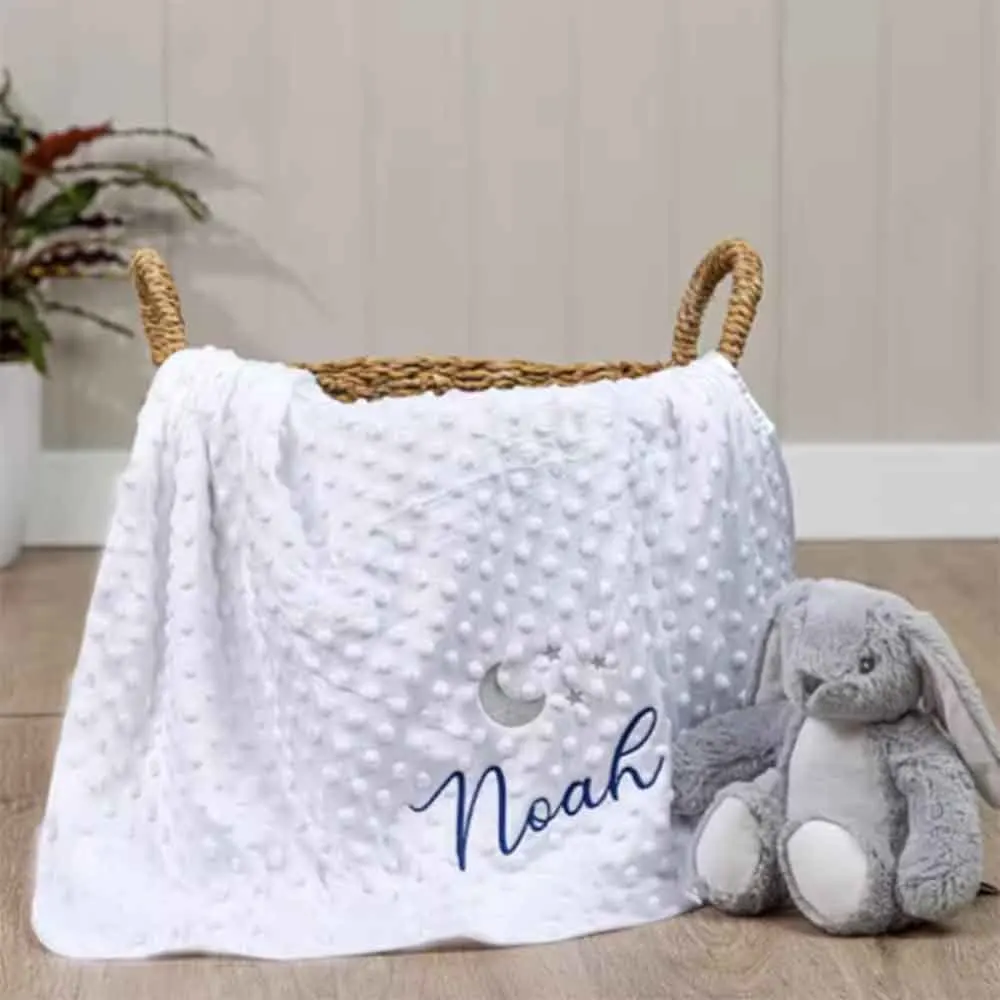 Personalized Name Moon with Stars Newborn Gift Blanket Customized Embroidery Name Toddler Stroller Soft Blanket Baby Shower Gift