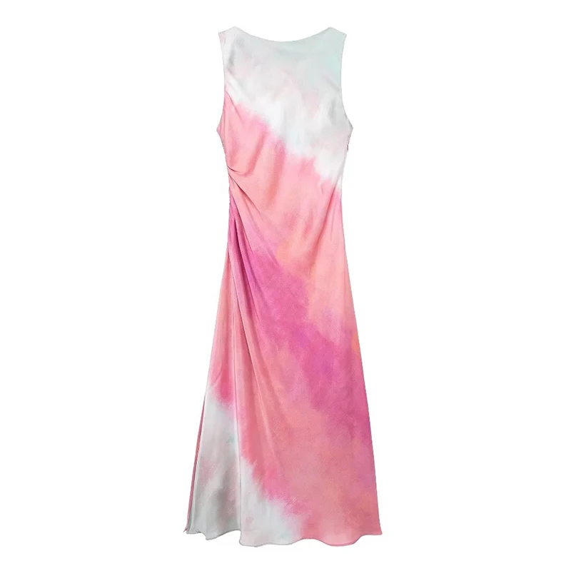 Willshela Women Fashion Tie Dye Printed Pleated Side Zipper Slit Midi Dress Vintage Sleeveless Female Chic Lady Dresses