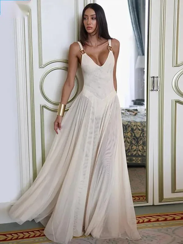 Transparent Mesh Maxi Dress With Bodysuit Plunging Backless Long Summer Dress Women Sexy Beach Party Dresses Fashion 9L9U