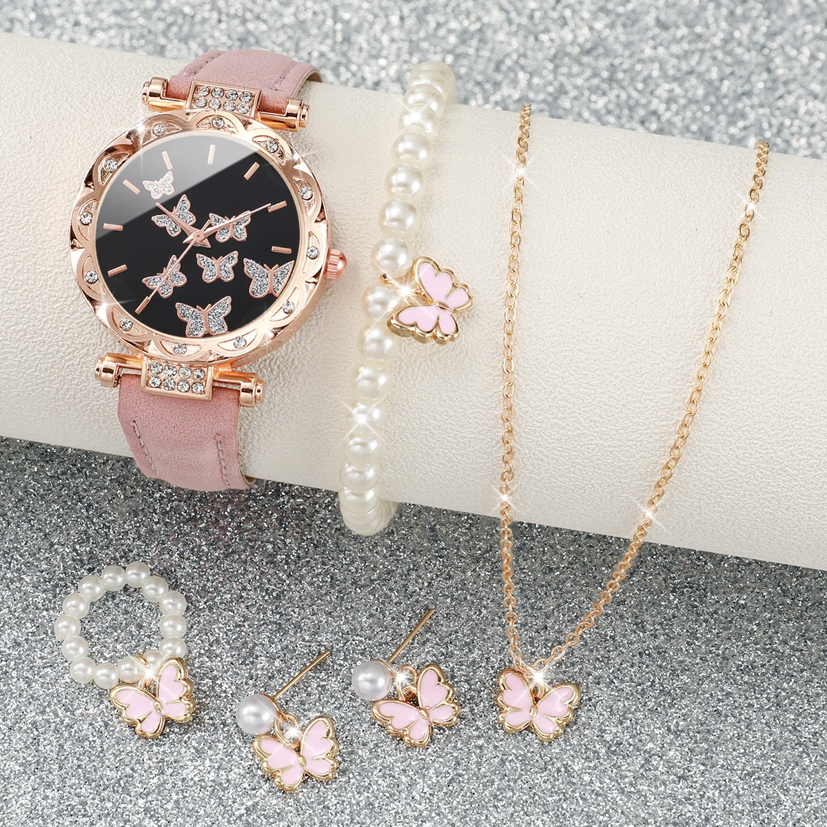 6pcs/set Fashion Butterfly Dial Women Watches Rhinestone Leather Band Quartz Watch Pearls Butterfly Jewelry Set(Without Box)