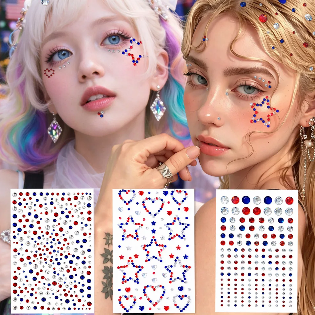 

Face Diamond Stickers Colored Rhinestones Self Adhesive Waterproof for Stage Makeup Independence Day Party Decor