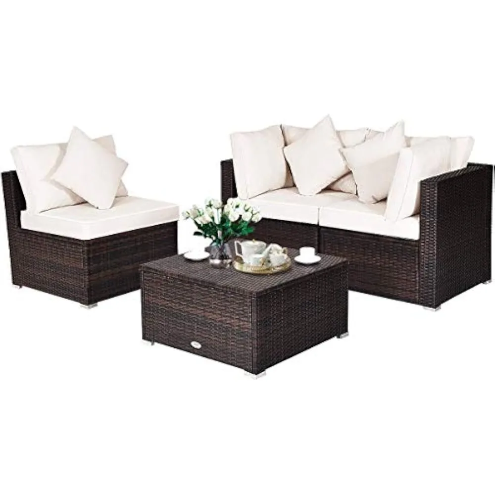 

4-Pieces Patio Furniture Set Rattan Wicker Conversation Set with Ottoman Outdoor Sectional Sofa Set with Cushion & Pillow for G