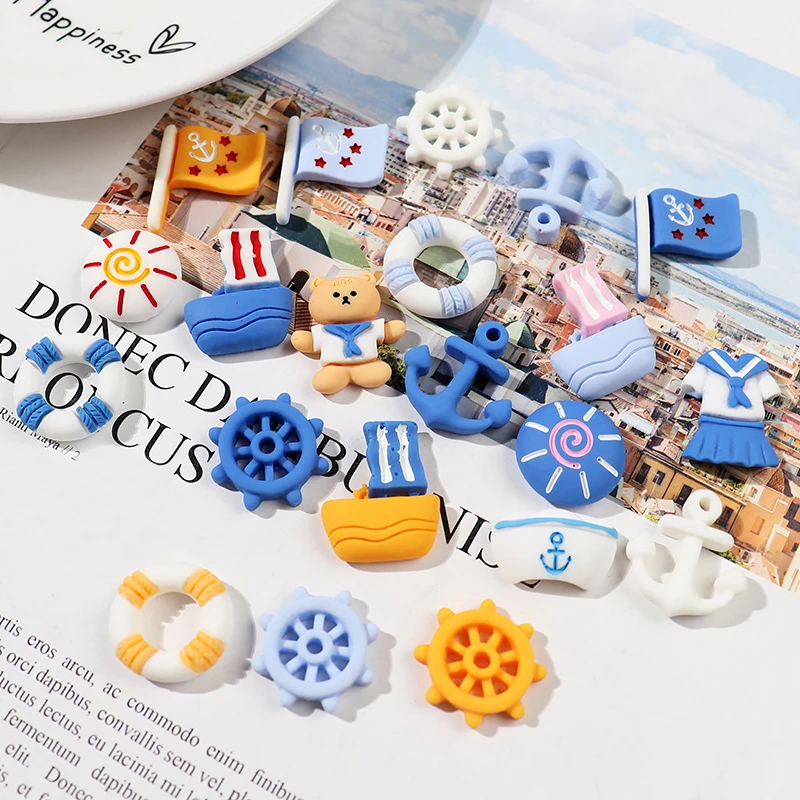 10 sztuk Kawaii żywica styl marynarski żaglówka/kotwica/pudder Flatback Cabochon DIY biżuteria akcesoria rzemieślnicze telefon ręcznie robione materiały