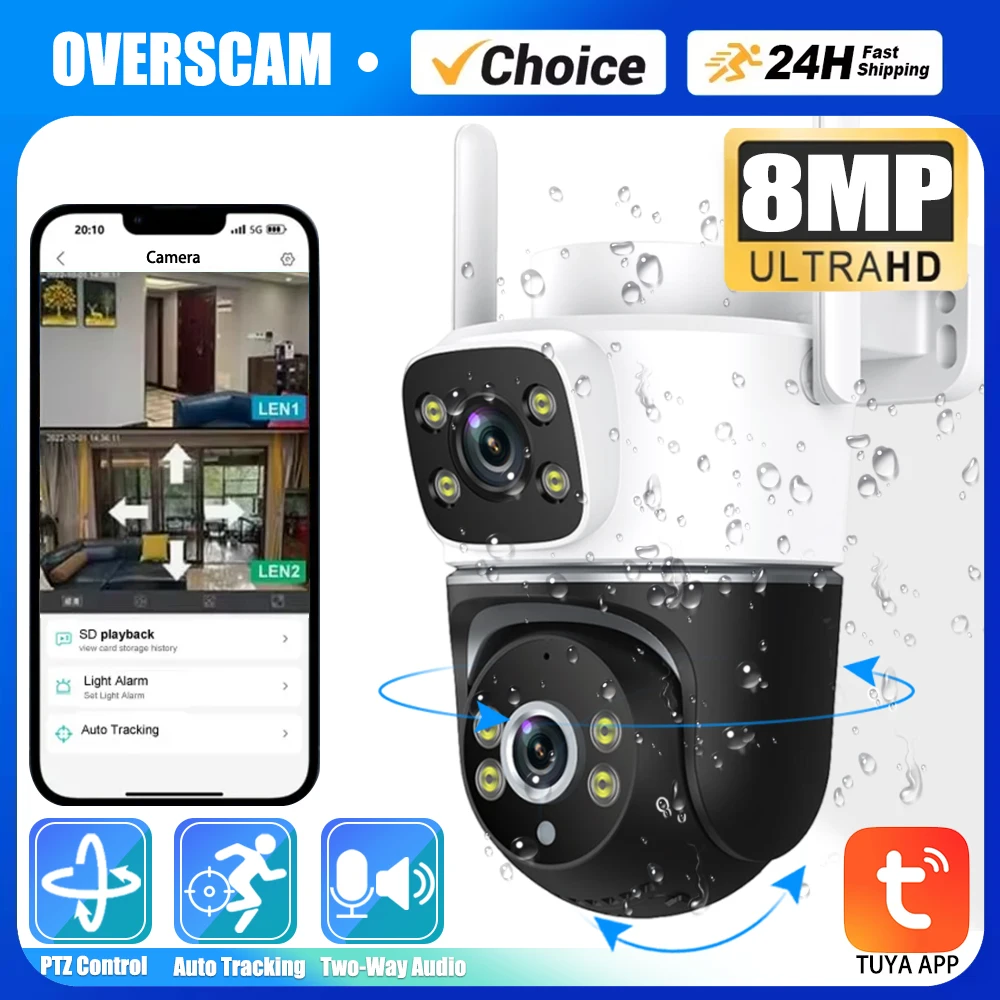 Tuya 8MP WiFi Cameras 4K Surveillance Dual Lens Dual Screen PTZ Home Security-Protection CCTV Mini Video Security Camera Outdoor