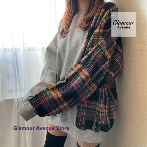 Korean style round neck plaid splicing letter printing pullover sweater women's spring and autumn loose fashion design top