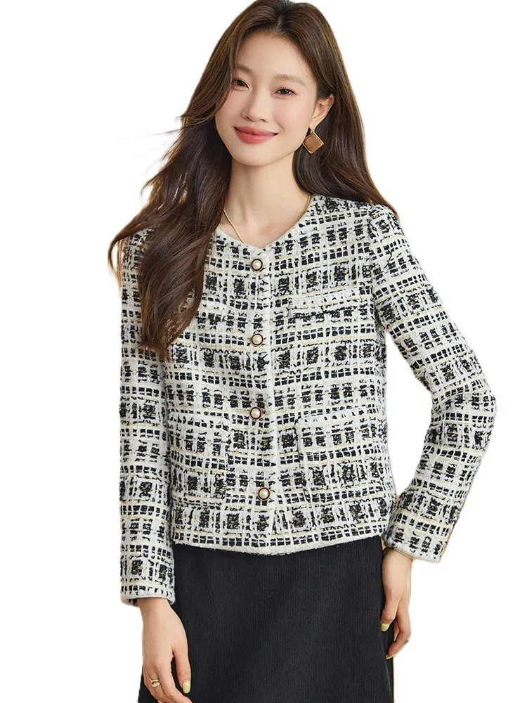 

Fashion Black White Plaid Women's Blazer Ladies O-Neck Casual Female Jacket Coat