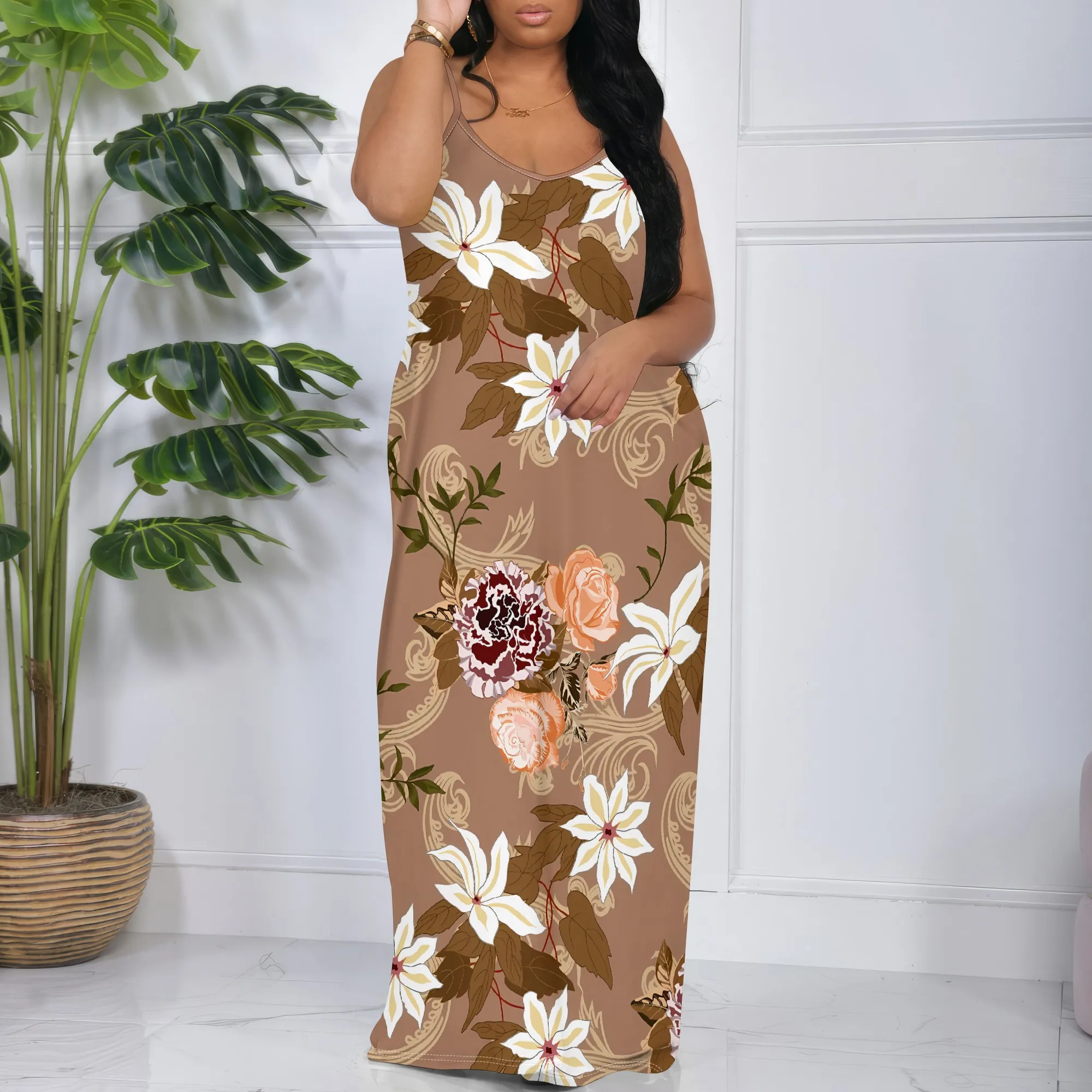 

Nupusa Mixed Floral Print Dress for Women Standard Size Summer Casual Spaghetti Strap Maxi Dress