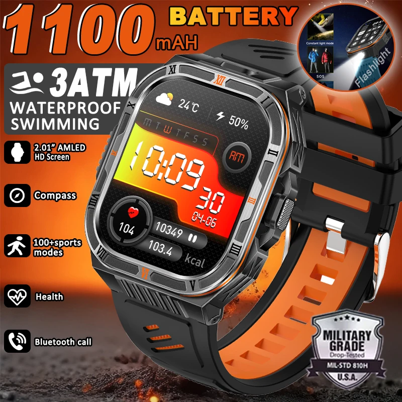 

New Men's Smartwatch with 1100mAh Battery 2.01-inch AMOLED Display 3ATM Water Resistance LED Torch Compass Call Features