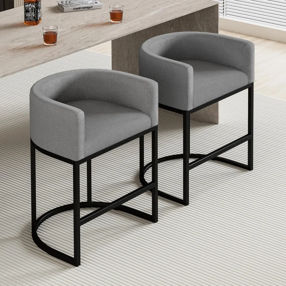 

26" H Counter Height Bar Stools Set of 2, Modern Barrel Counter Stools with Backrest and Arms, Linen Fabric Upholstered Accent