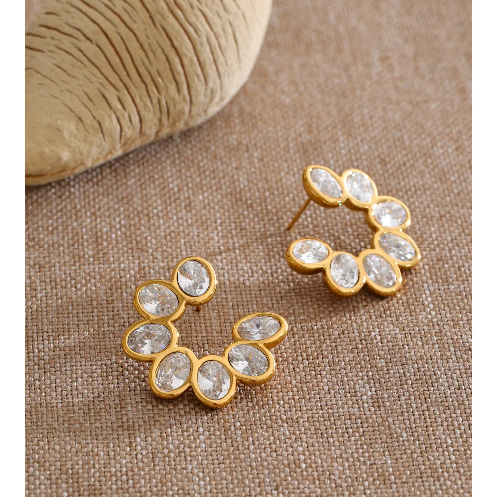 Yhpup Stainless Steel Bling Cubic Zirconia C Shape Stud Earrings Jewelry for Women Waterproof Plated