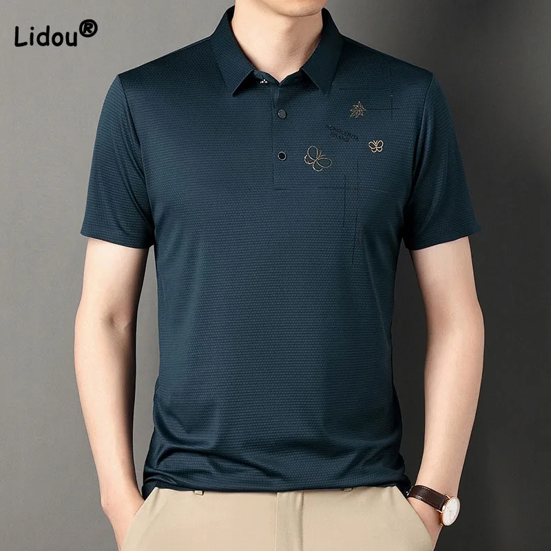 

Business Office Solid Color Spliced Fashion Shirt Summer Casual All-match Short Sleeve Quick Dry Polo-Neck T-shirt Male Clothes