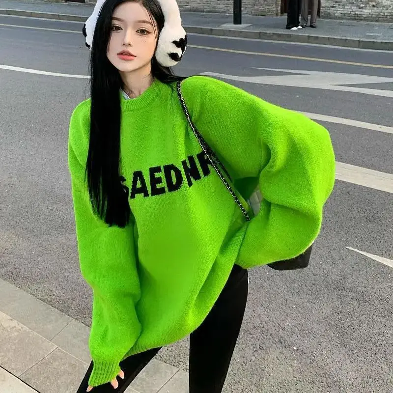 Green Loose Sweater Lazy Wind Letter O-Neck Sweater Women Korean Spring Autumn Temperament Knitted Tops Lady Pullover Loose Top