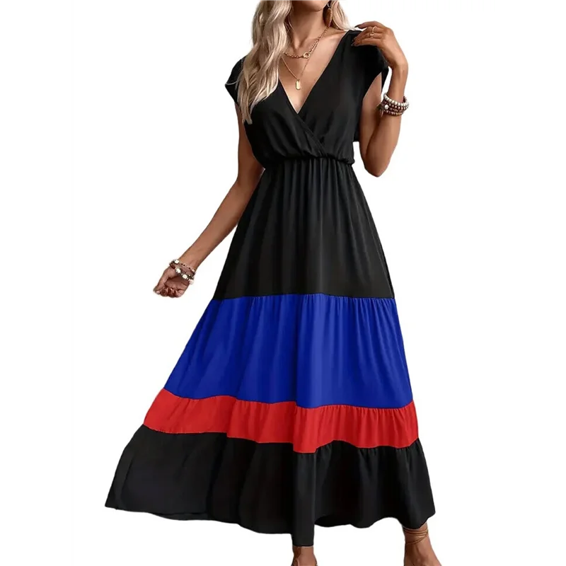ABP-レディース パーティー カラーブロック ドレス ハイウエスト 半袖 マキシ V ネック ドレス カジュアル シャーリング フリル ヘム ドレス