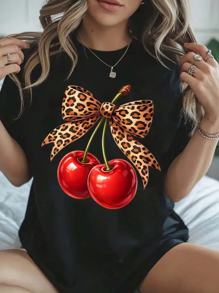 Fashion Leopard Cherry Print Women Tshirt Funny Cartoon T Shirt 90s Ullzang Female T-shirt Korean Style Tops Tees