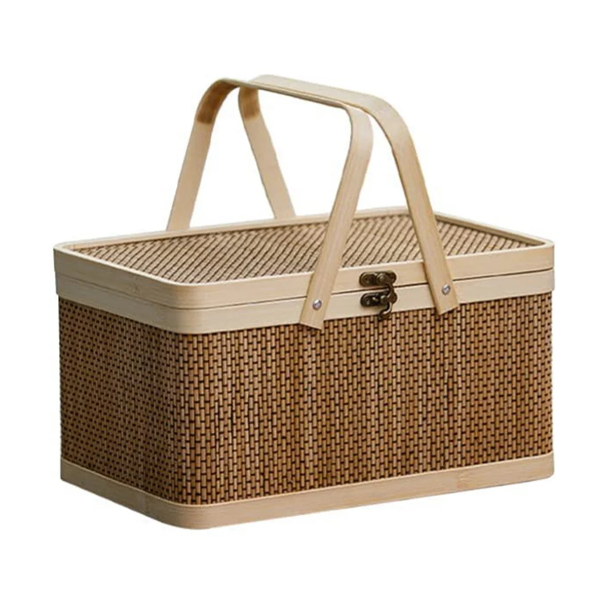 Bamboo Basket Natural -Friendly Woven Basket Bamboo Picnic Basket with Lid Handheld Snacks Bread Storage Basket