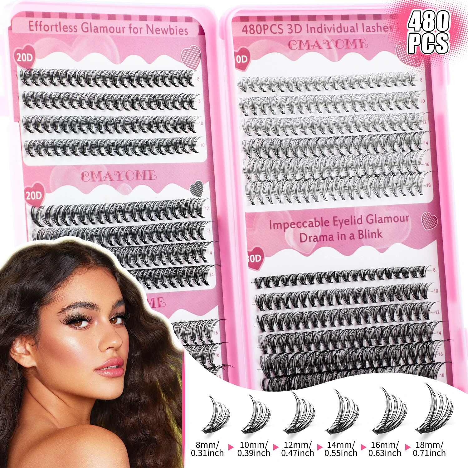 DIY Eyelash Extension Kit 480PCS 3D Individual Lashes Cluster Set 8-18mm Mix Lash Clusters with Lash Bond and Seal Makeup Tools