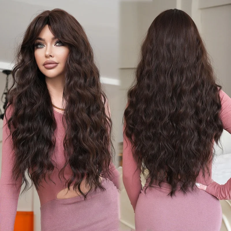 Side-parted bangs dark brown hair long flowing wavy hair natural look full head