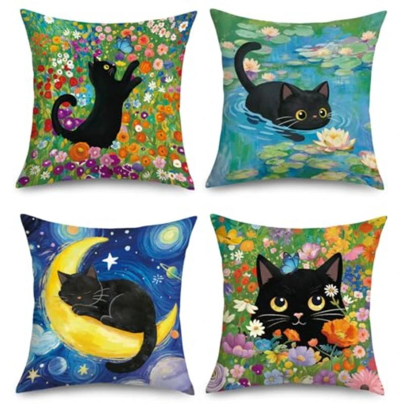 1/4pcs Cute Black Cat Art Throw Pillow Covers Floral Garden Starry Night Water Lily Cushion Cases Cushion cover