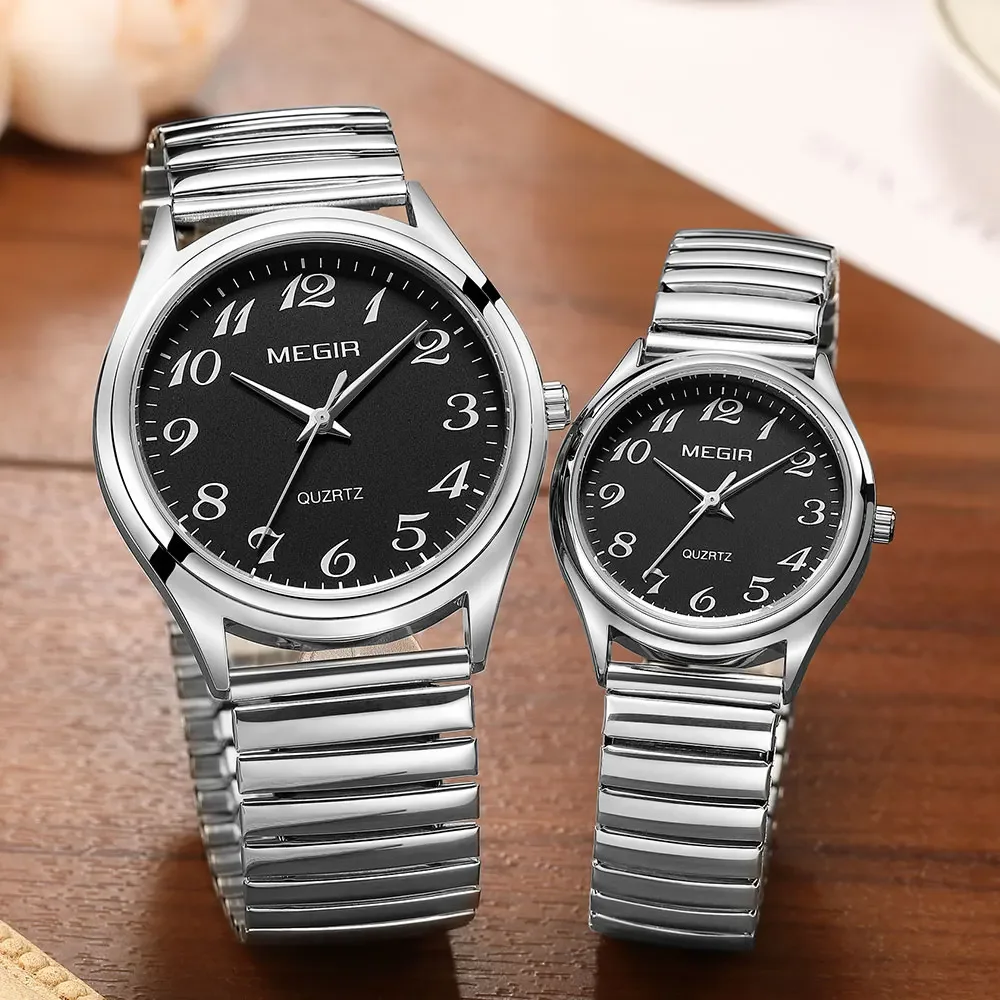 MEGIR1088 Simple Watch Digital Markings Suitable Both Men Women Steel Spring Elastic Band Quartz Watch Gift for Elderly Couples