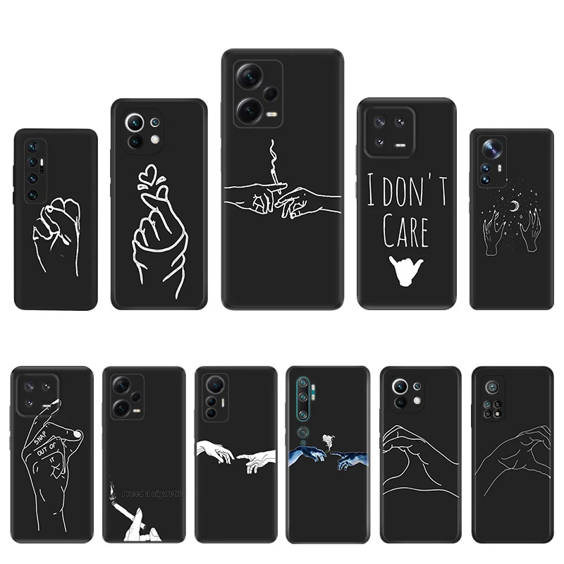 Matte Phone Case for Redmi Note13 Pro Note 12 12c 13c Xiaomi 12X 12T 13 Lite Girl Gesture God Finger Line Art Black Soft Cover