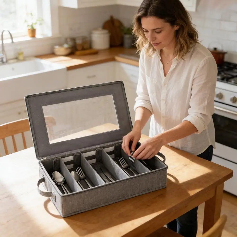 

Коробка для хранения столовых приборов с 5 отделениями, крышкой на молнии и регулируемым разделителем, прочный органайзер для вилок, ложек, ножей, палочек для еды