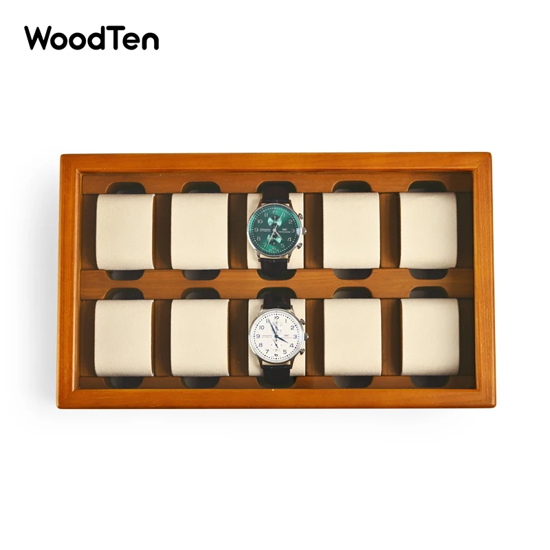 WoodTen-caja de reloj de madera maciza para hombre y mujer, estuche de almacenamiento, exhibición de reloj de pulsera, almacenamiento Visual, 10 rejillas