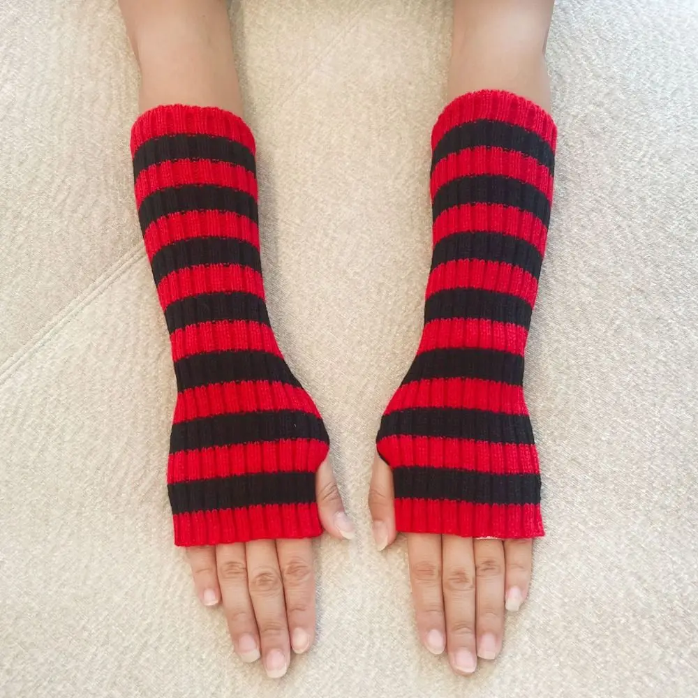 Punk Knitted Long Fingerless Gloves Striped Elbow Length Arm Warmers False Sleeves Goth Style Knitted Gloves Autumn Winter