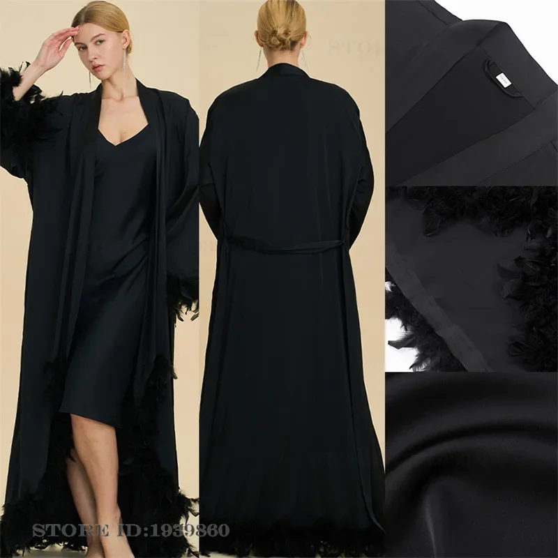 Luxury Bride Wedding Robe Dress Set with Feather Cuffs Elegant French Style Long Bathrobe Nightgown Loose Sexy Satin Sleepwear