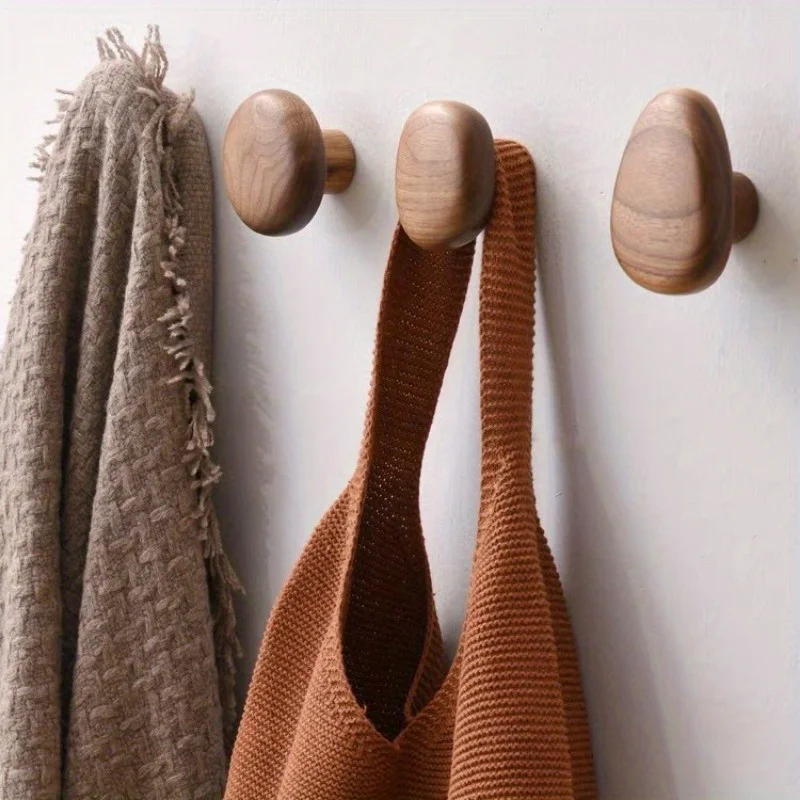 Scandinavian Solid Wood Handle Clothes Hook Coat Hook Wall-Mounted Hook Punch-Free Door Hanging Clothes Hanger Pebble Cabinet Door