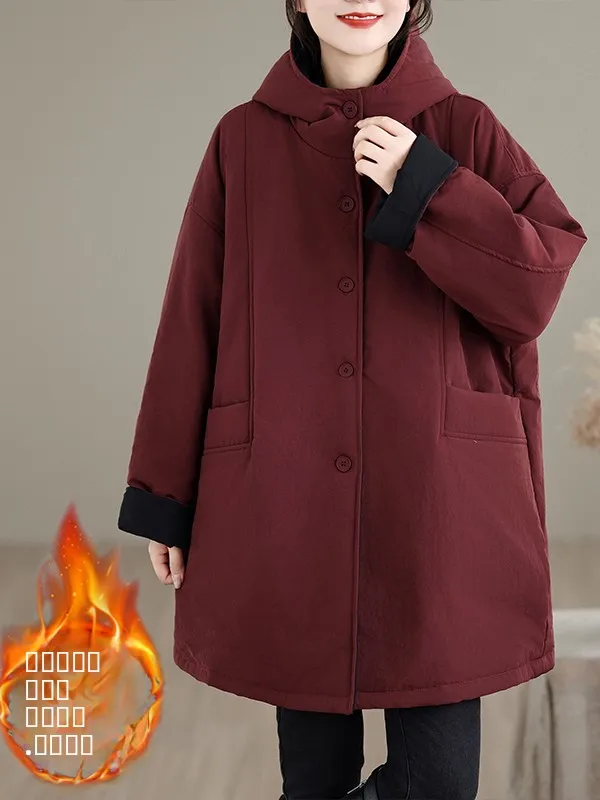 

Artistic Contrast Color Blo Loose Cotton Jaet Double Sided Wear Casual Hooded mid Length Women's Outerwear Coat