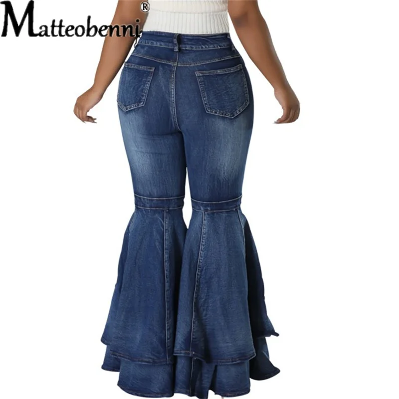 جينز نسائي متنوع غير رسمي شكل متوهج كبير بنطلون جينز نسائي ضيق واسع الساق أزرق مغسول من قماش الدنيم بنطلون قطني متمدد