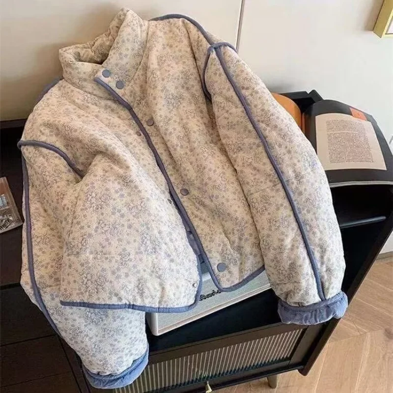 Korean Stand Collar Floral Cotton Jacket Women's  Autumn Winter  Warm Short Cotton Quilted Outerwear Sweet Design Blue Tops