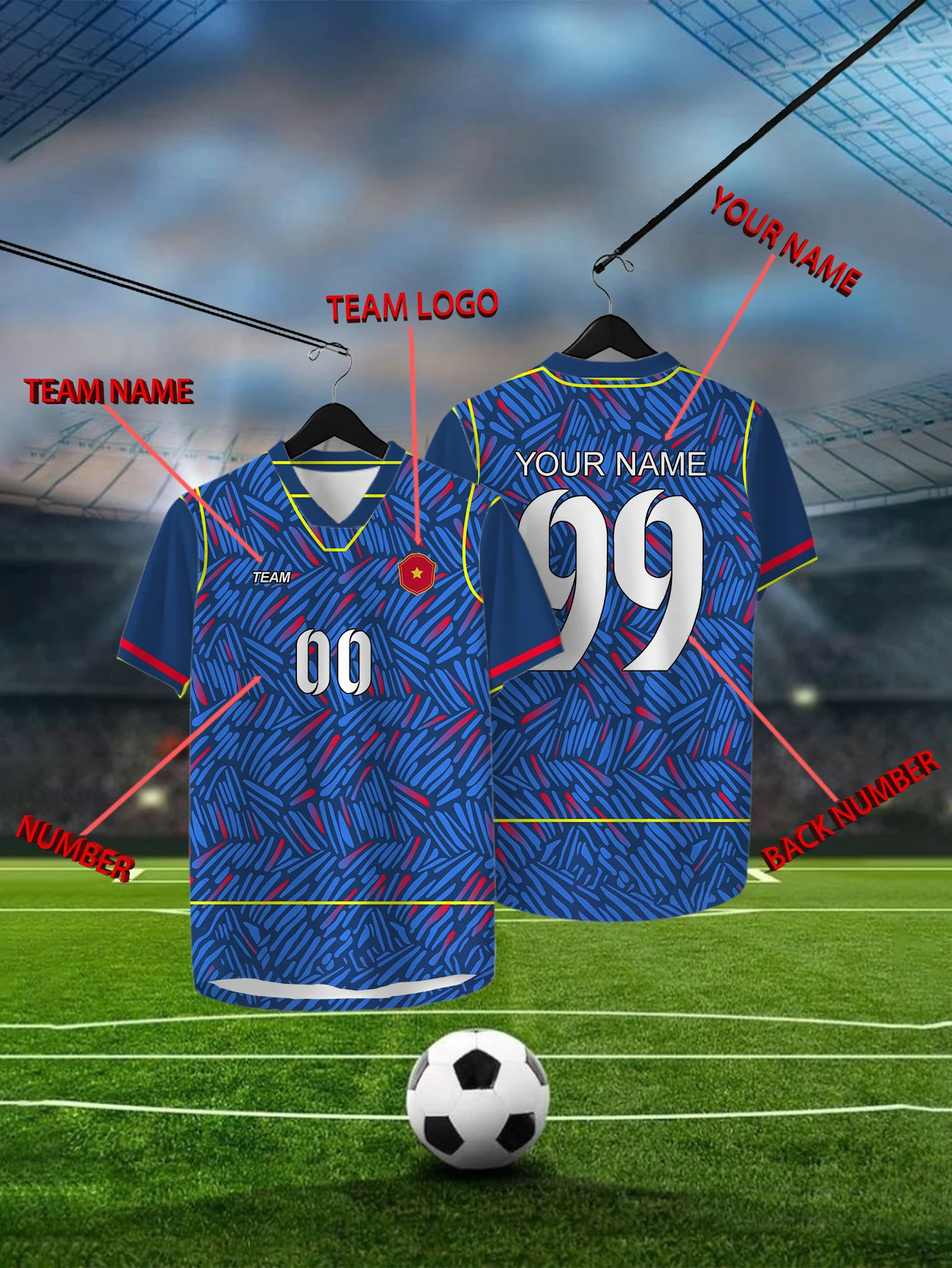 

Customized Geometric Blue Short Sleeved Shirt with Team Name, Emblem, Name and Number, Outdoor Sports Short Sleeved T-shirt