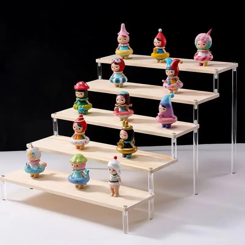 2-5 Tier Transparent Acrylic Base Solid Wood Display Stand Stepped Toys, Models, Cosmetics, Skin Care Products Display Stand