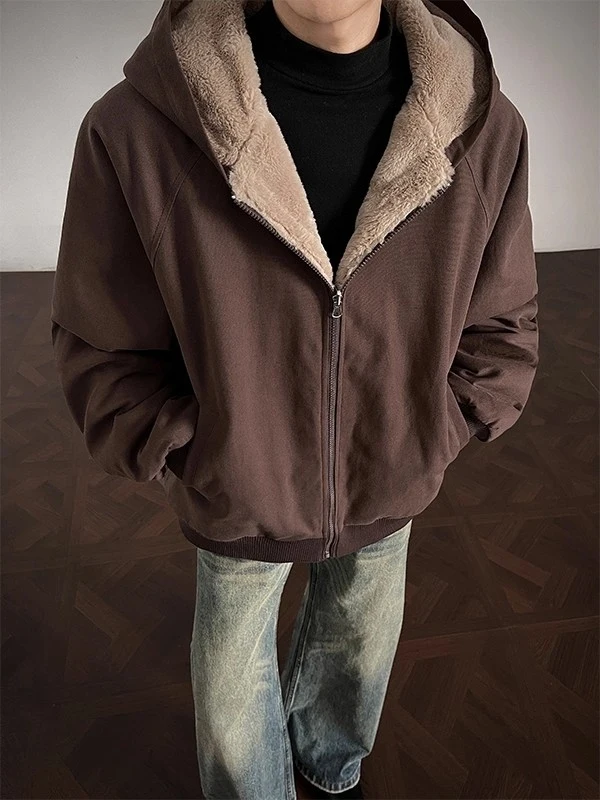 

Double-Sided Wear Men's Jaet Winter Thiened Fce-Lined Loose American Sle Student Hooded Cotton Coat Youth Faion