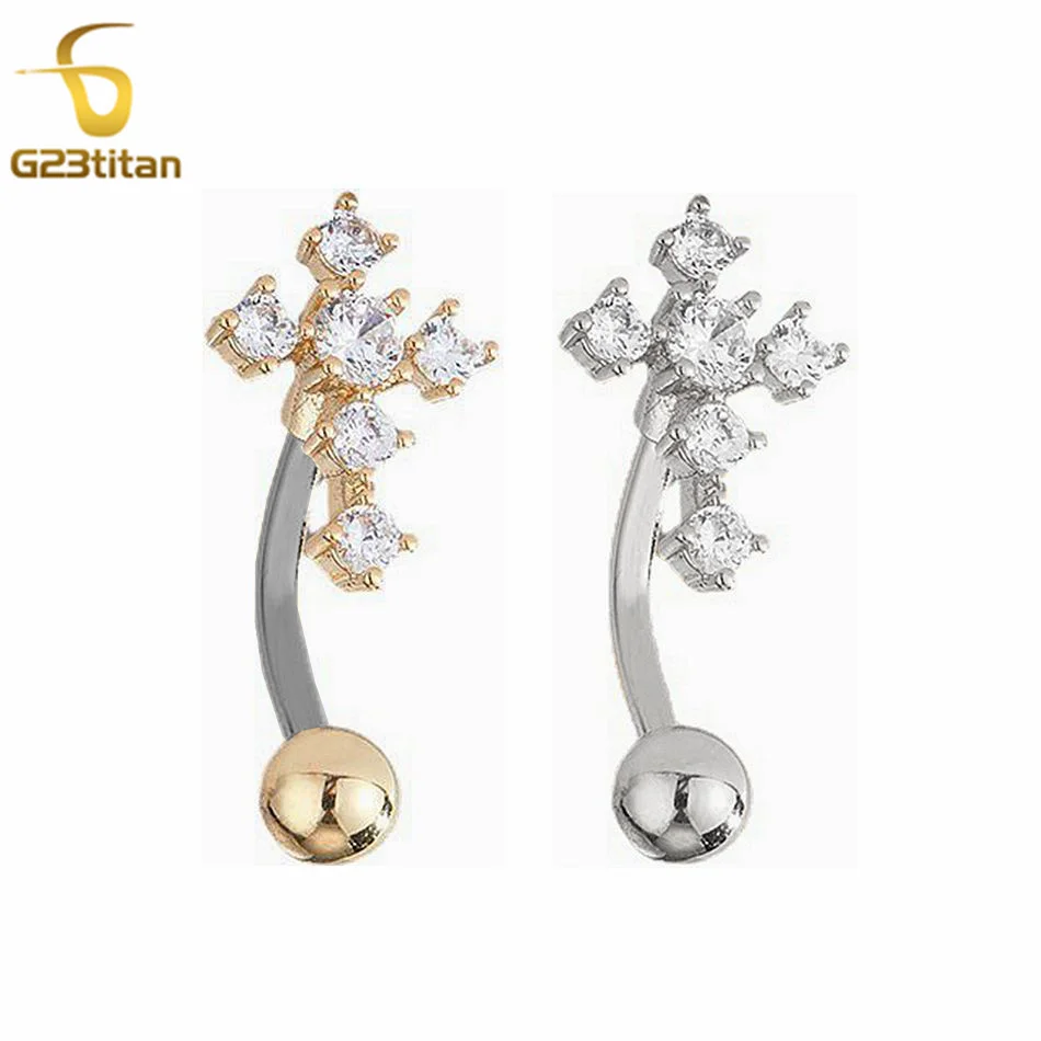 Reverse Cross Belly Button Rings 14G Surgical Steel or G23 Titanium Curved Barbell Zircon Navel Piercing Women Men Body Jewelry