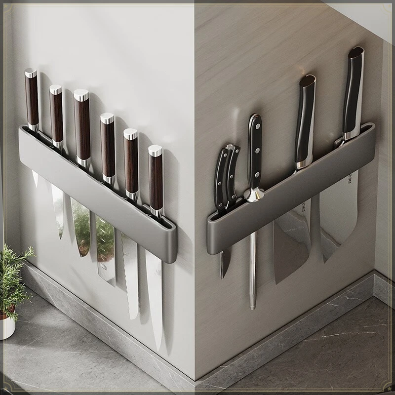Carbon Steel Knife Holder Punch Free No Drilling Wall Mounted Multifunctional Household Kitchen Utensil Storage Organizer Rack
