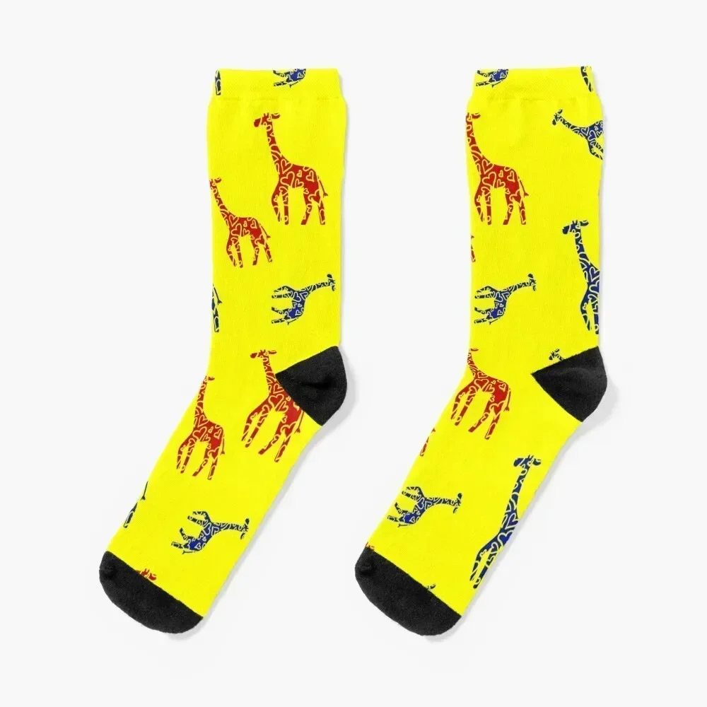 

Blue and Red Giraffes Pattern in Yellow Background Socks tennis cotton christmas stocking Boy Socks Women's