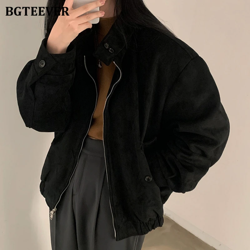 BGTEEVER Vintage Stand Collar Loose Women Basic Jackets Autumn Winter Long Sleeve Zippers Female Coats Stylish Ladies Outwear