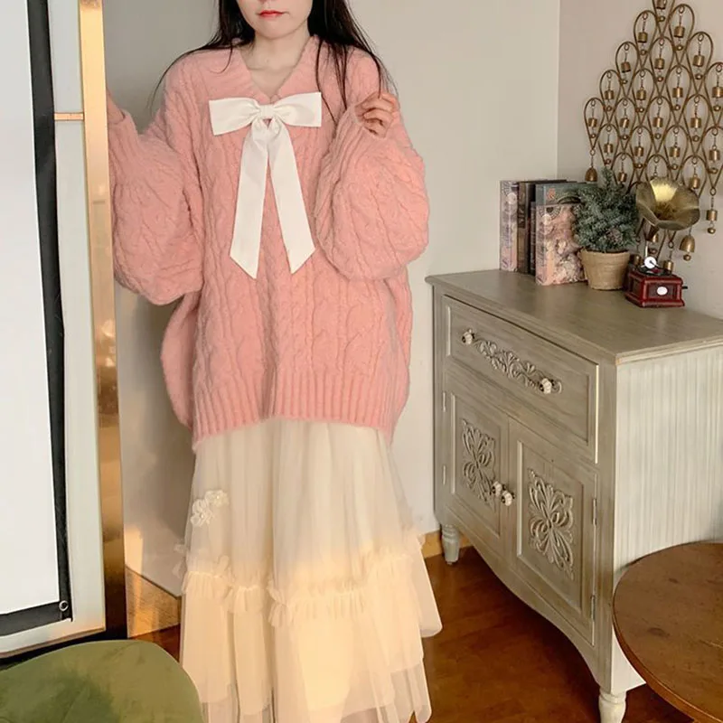 Pink Kawaii Oversize Knitwear Sweaters Women Sweet Cute Big Bow Pullovers Autumn Winter Keep Warm Lantern Sleeve V-Neck Sweater