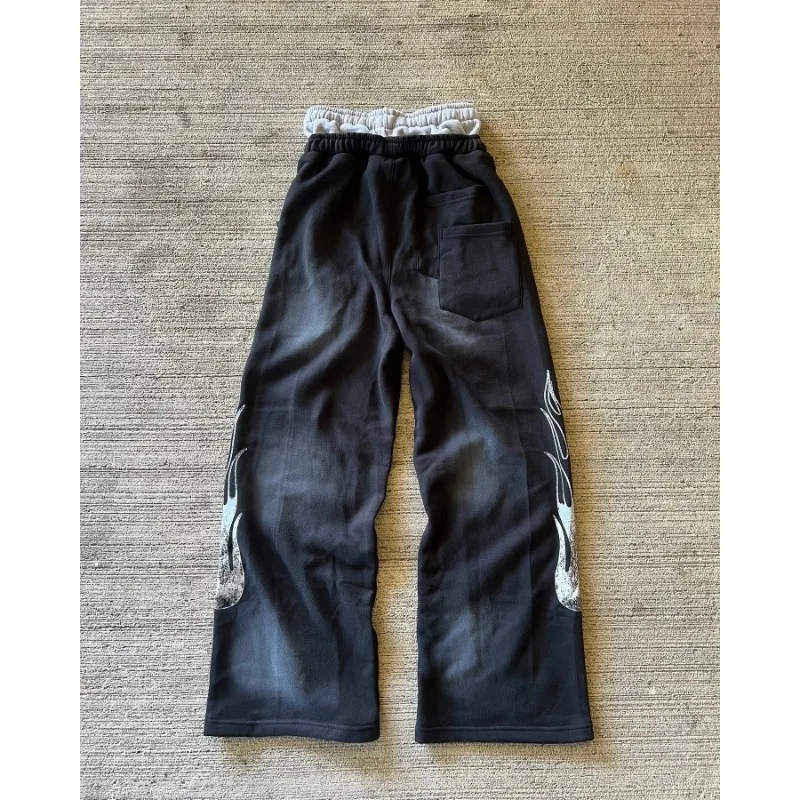 American Sweatpants Y2K Pants Men Gothic Hip Hop Letter Patch Retro Double Layer Design Baggy Elastic Waist Jogging Casual Pants