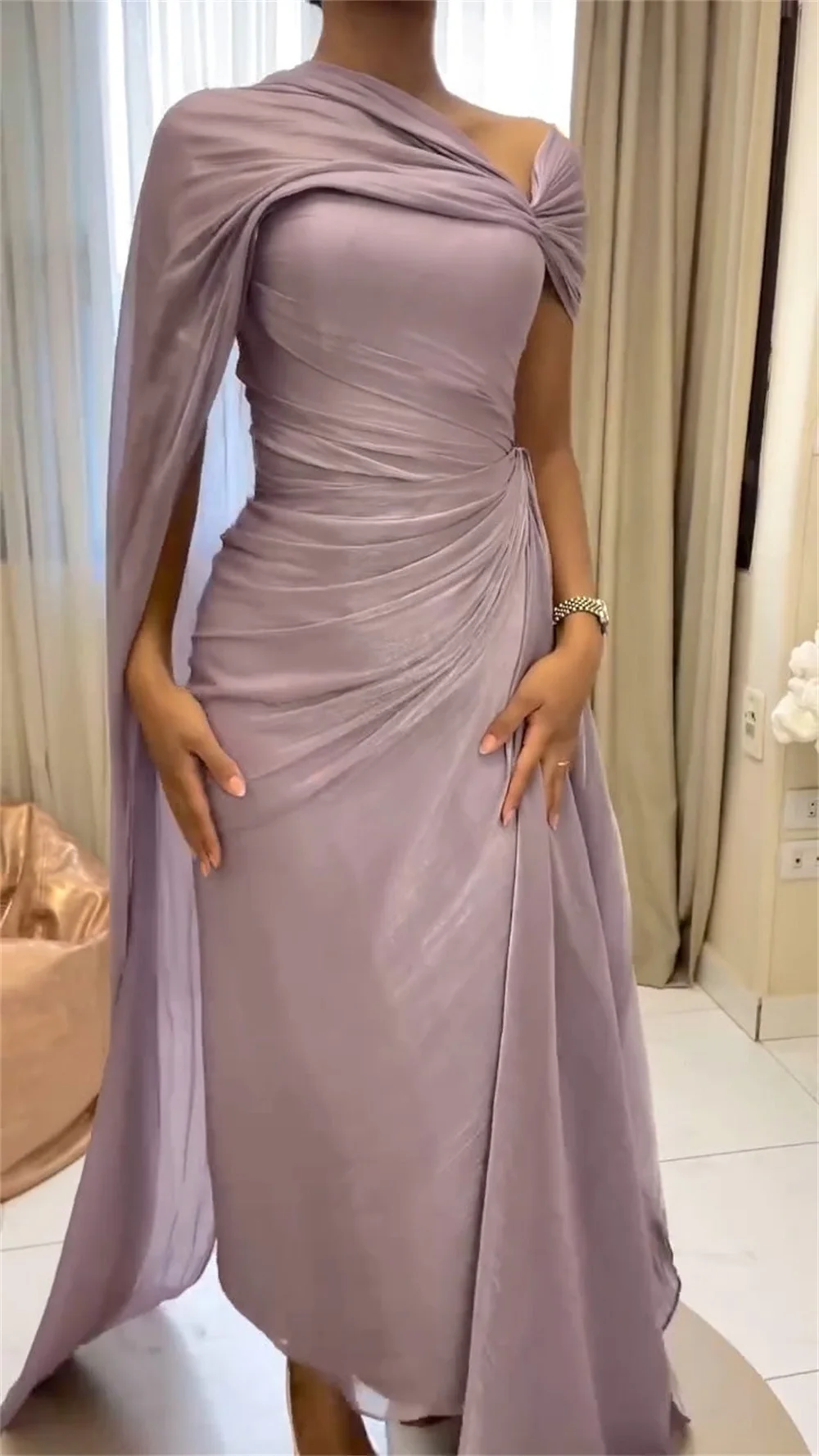 كاثي مخصص الأرجواني كتف واحد ثنيات فساتين لحضور الحفلات الموسيقية شال بلا أكمام vestidos de noiva غمد الكاحل طول مساء رسمي