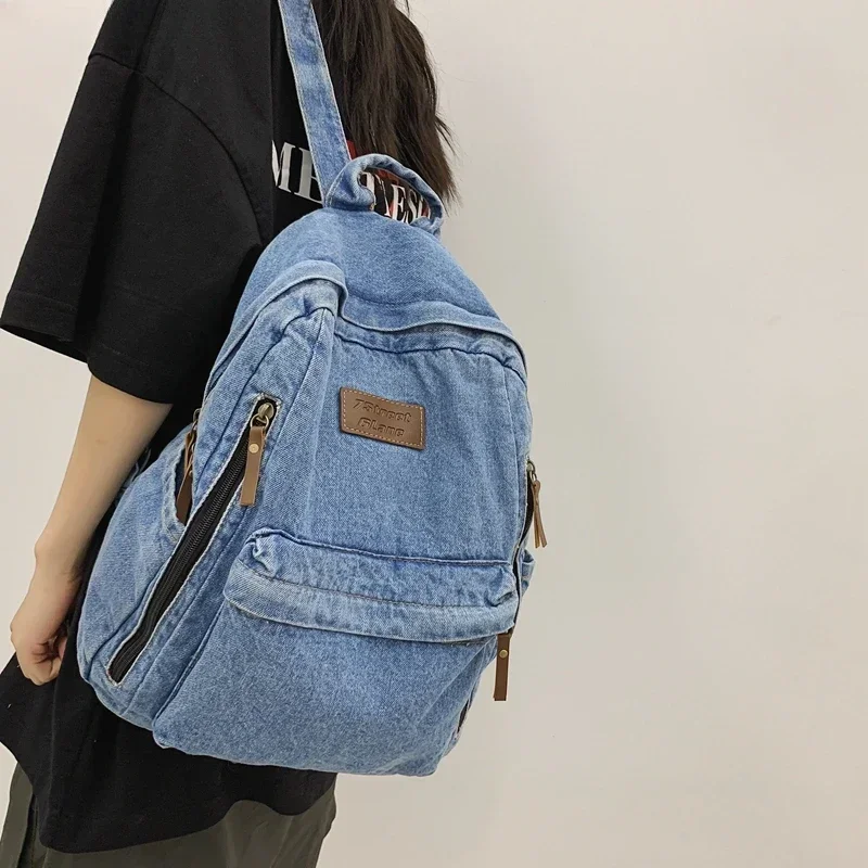 Washed Denim Fashion Backpacks For Women 2023 Latest Trend Student School Bag Multi Pockets Large Capacity Blue Rucksack Mochila