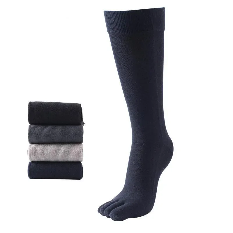 

4 Pairs Of Men's Crew Socks Long Tube Casual 5 Finger Toe Sock, Solid Color 5-pack