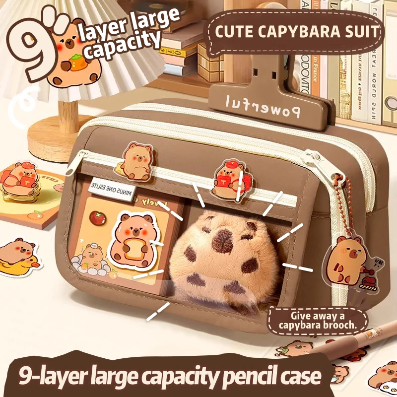 Cute Capybara 8-Piece Pencil Box Set, Large Capacity Multi Layer, Canvas Bag, Stationery Storage Box, Suitable for Daily Storage