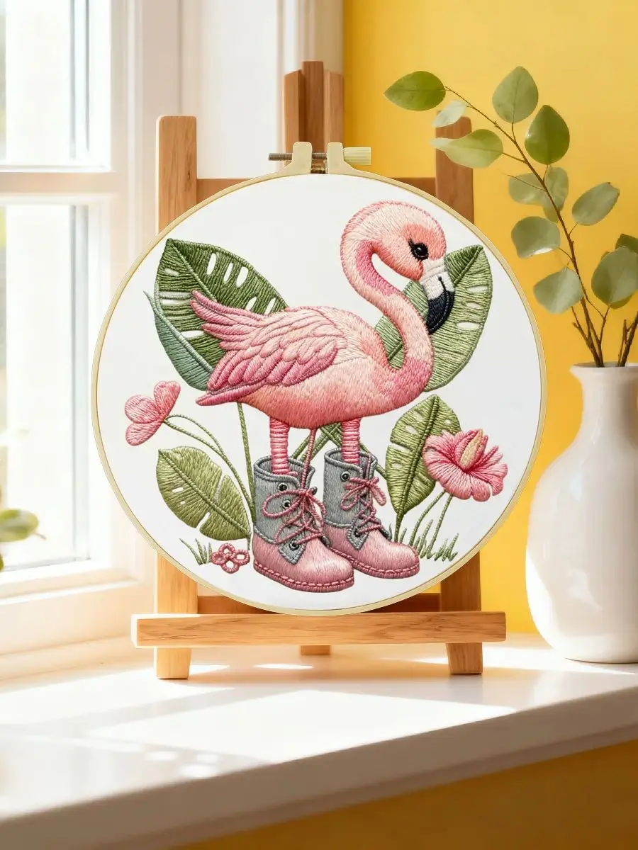 1 Stück 20X20CM/15X15CM 7,87/6,3 Zoll Flamingo-Stickerei-Starter-Kit DIY-Kit DIY-Stickerei-Set Handarbeiten Nähkunst – Detail 6